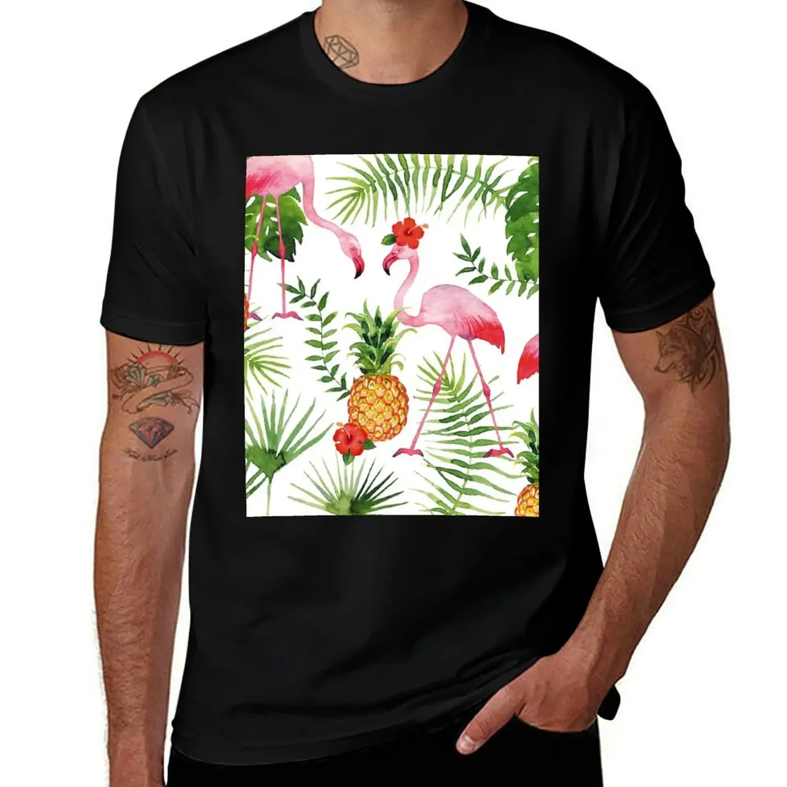 Flamingo & Pineapples T-Shirt cotton man t-shirts baggy shirts black t-shirts for men