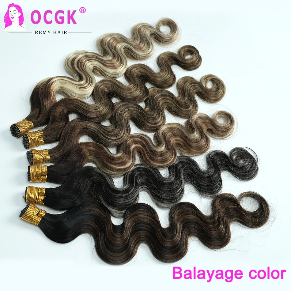 Body Wave I Tip Hair Extensions Human Hair 18/60 Highlight Medium Brown Platinum Blonde Keratin Tip Human Hair Fusion Extentions