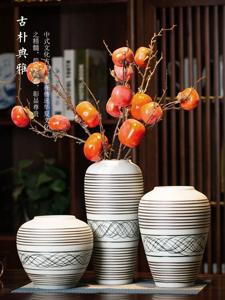 Home living room ceramic vase retro coarse pottery handmade earthenware floral table decoration Chinese flower arrangement potte