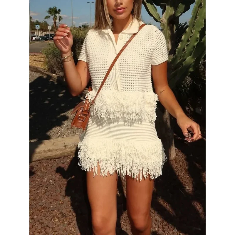 

Women's Casual Sexy Plaid Knitted Outfit with Tassel Single Breasted Straight Top And Mini Skirt for Party Fashion Summer