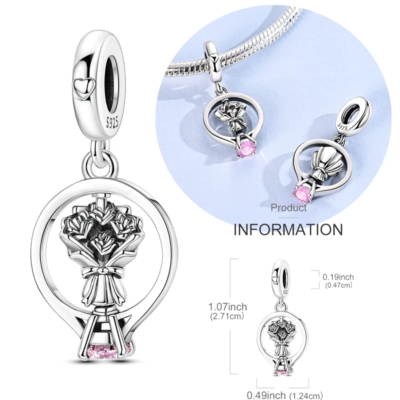 Original 925 Sterling Silver Charm Bead Rotatable Bouquet Wedding Ring Pendant Fit Original Bracelets For Women DIY Accessories