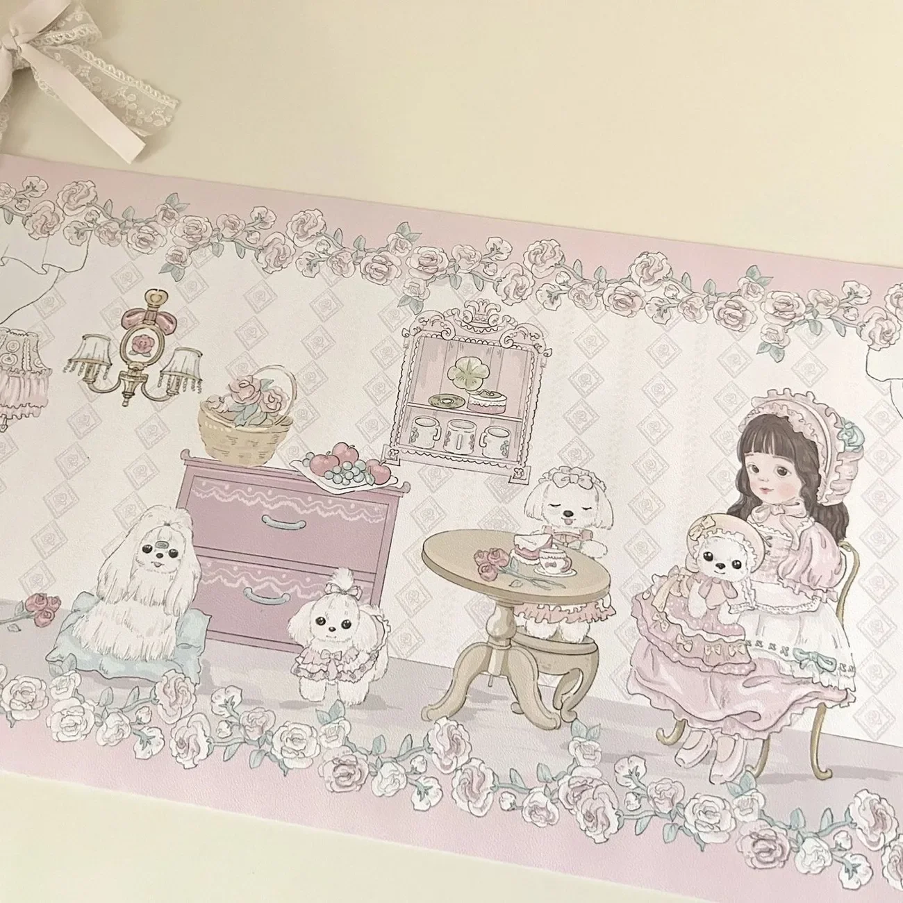 Kawaii meisje hart PU lederen bureaumat |   XXL waterdichte oliebestendige muismat voor kantoor en ijdelheid Leuke cartoon desktop dining decor