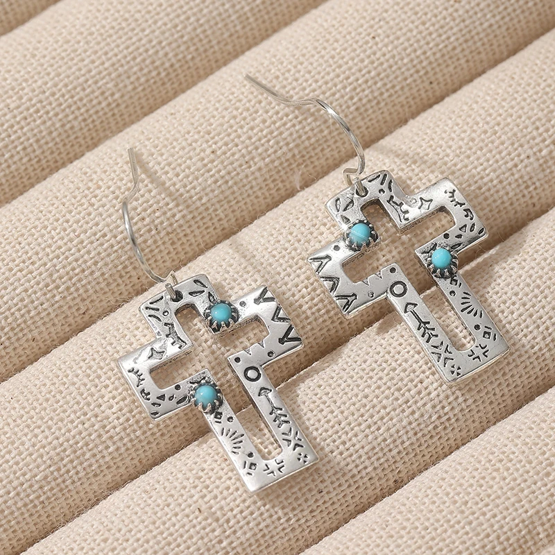 Ethnische Silberfarbene Blaue Stein-Kreuz-Ohrhänger für Damen Metall Handgeschnitzte Hohle Ohrringe für Party und Alltag – Detail 4