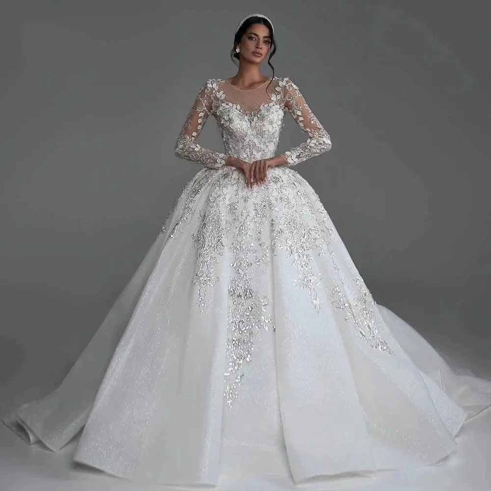 Vestidos de casamento elegantes apliques rendas o-pescoço manga longa drapeado trem real princesa vestido de noiva novia 2025