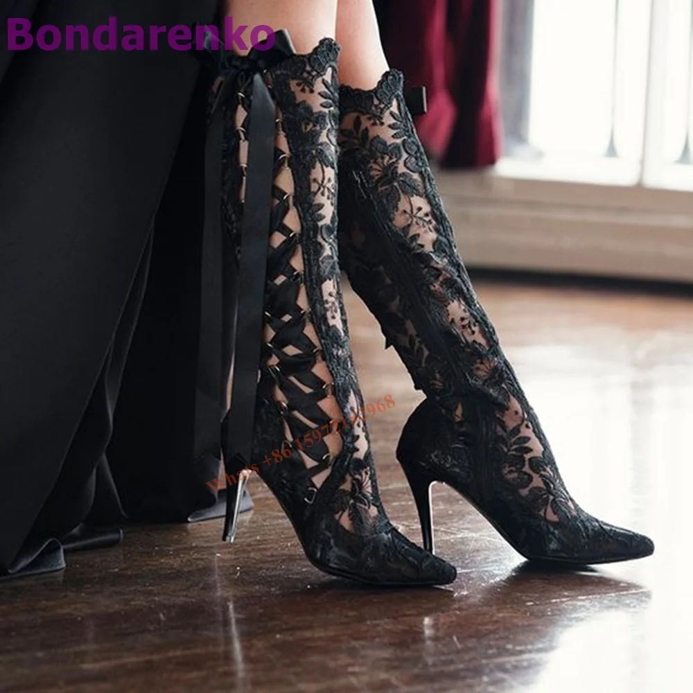 Lace Cross Tied Sandal Boots Hollow Solid Lace Up Pointy Toe Stiletto Heels Knee High Boots Spring Women Wedding Shoes Runway