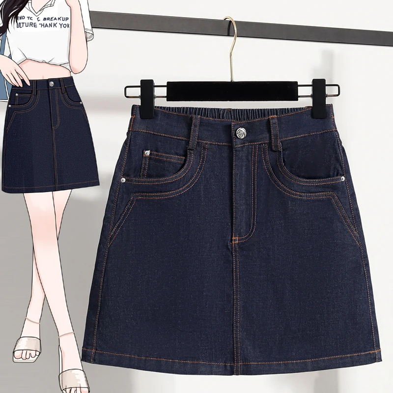 

Spring Summer plus Size Lyocell Denim Anti-Light ort Skirt Slimming with Elastic A-Line f-length Skirt