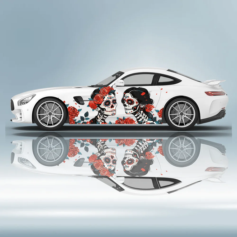 Men and Women with Skull Makeup Car Vinyl Wraps Decal Self-adhesive PVC Sticker Suitable for Trucks SUV Decor Auto Accessories