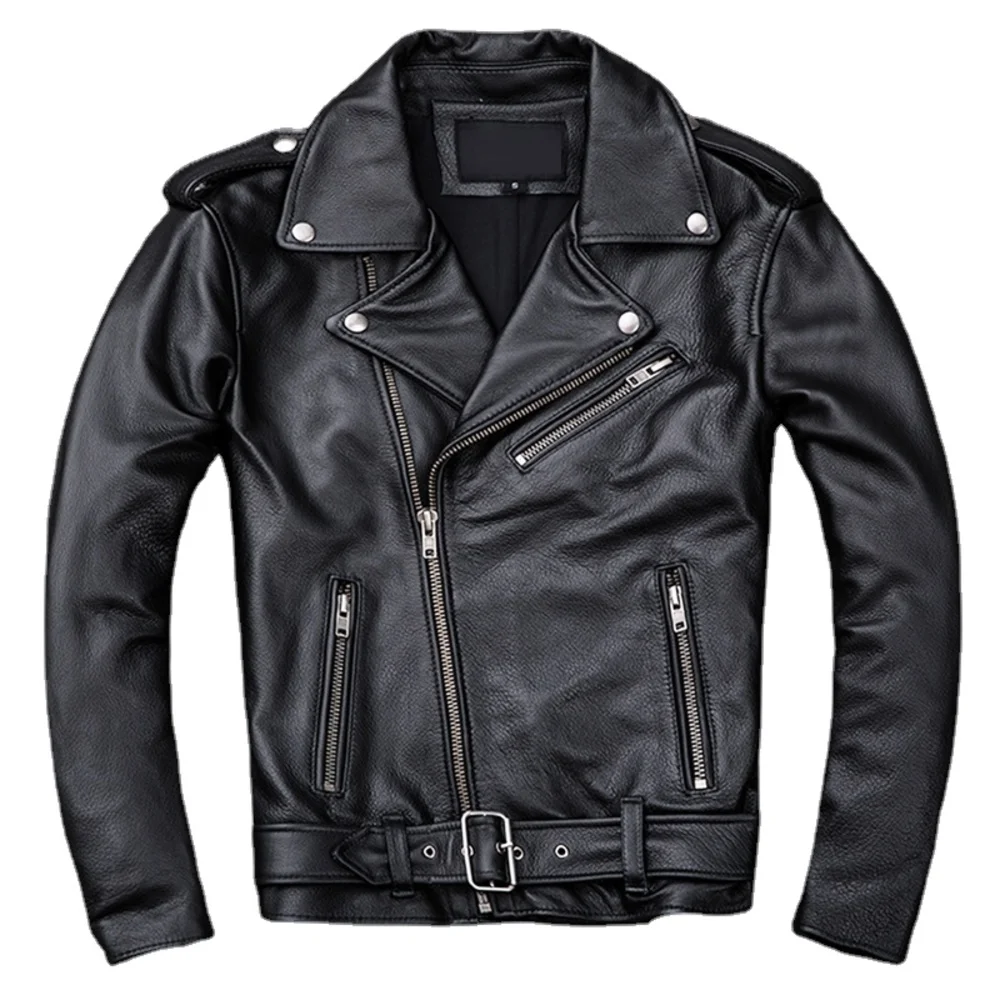 Classical Spring Motorcycle Oblique Zipper s Men Leather Natural Calf Skin Thick Slim Cowhide Moto Biker Jacket Man