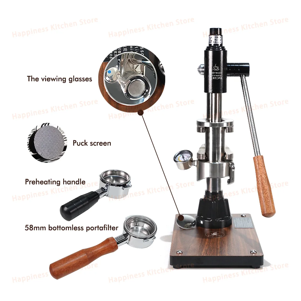 Hand Camping Coffee Maker Stainless Steel Manual Espresso Coffee Machine Portafilter 58mm Wood Base Outdoors Italian Coffee