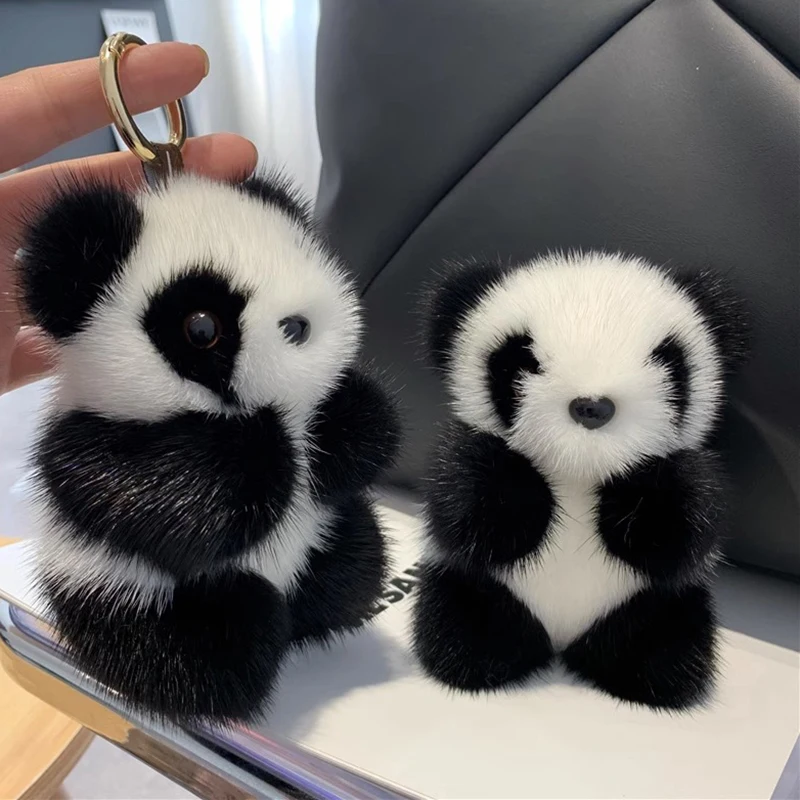 Small Panda Plush Doll Women Bag Ornaments Cute Imitation Mink Fur Panda Car Keychain Cute Bear Car Key Chain Fashion Gift