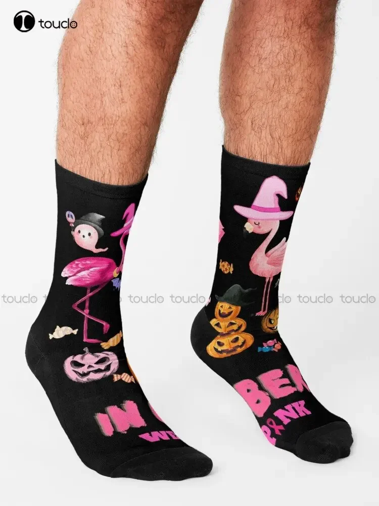 In October We Wear Pink And Watch Football Socks Cotton Socks For Women 360° Digital Print Custom Gift Street Skateboard Socks