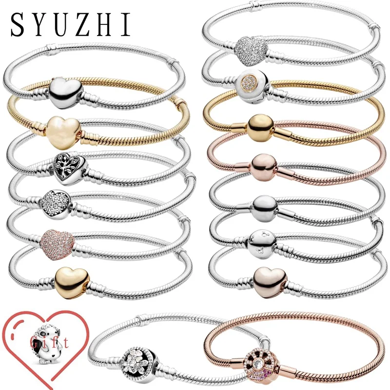 Hete Verkoop 100% 925 Sterling Zilver Origineel Glanzend Zirkoon Hart Luxe Slangenbot Armband Vrouwen Charme Diy Sieraden Prachtig Cadeau