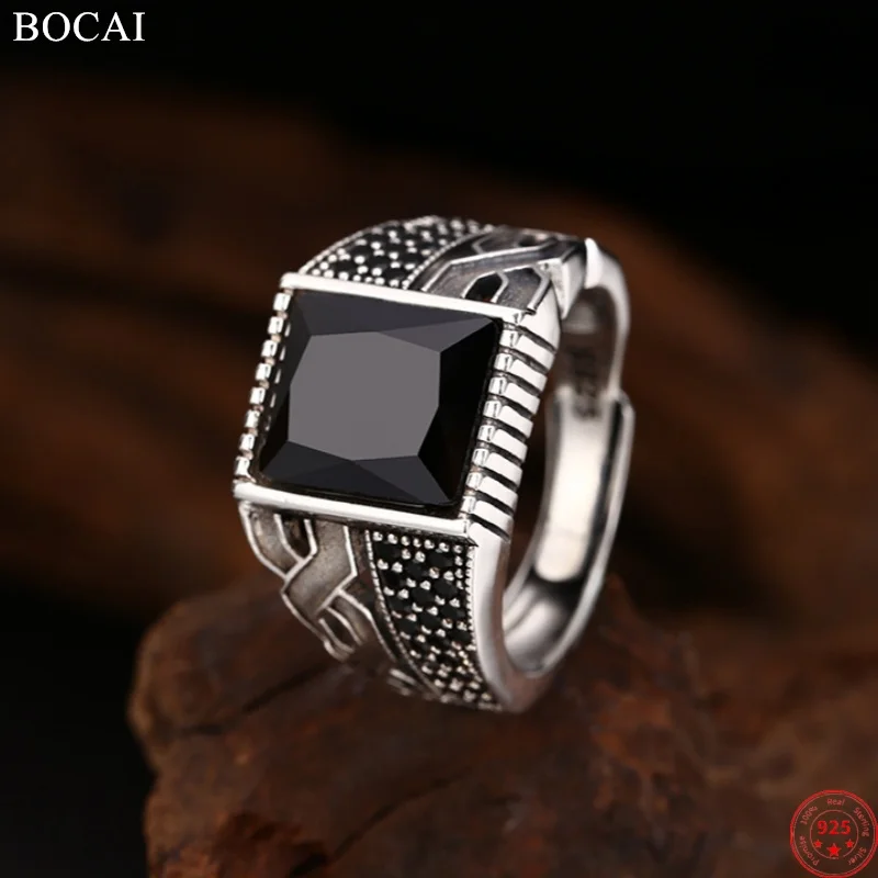 BOCAI S925 Sterling Silver Charms Rings for Men Retro Dual Element Pattern Tangent Plane Black Zircon Fashion Jewelry ﻿Wholesale