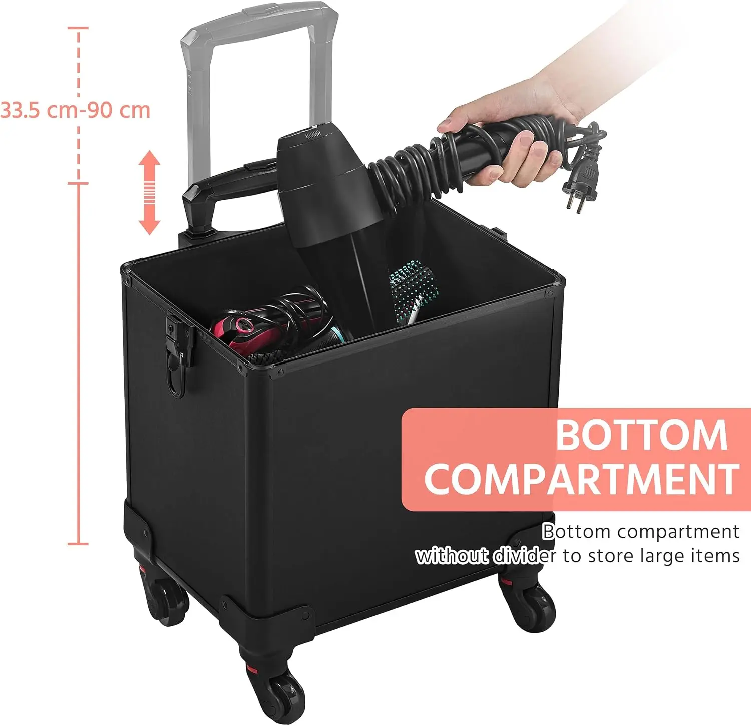 Black 4‑in‑1 Lockable Rolling Makeup Train Case, Wheeled Cosmetology Storage Cart, Large Portable Cosmetic Organizer for Salon Barber view 6
