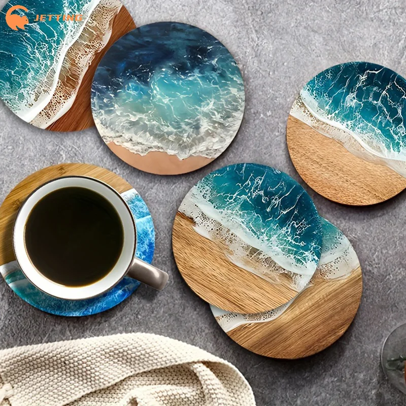 4/6Pcs Blue Ocean Round Wooden - Marble Coaster Set review and price