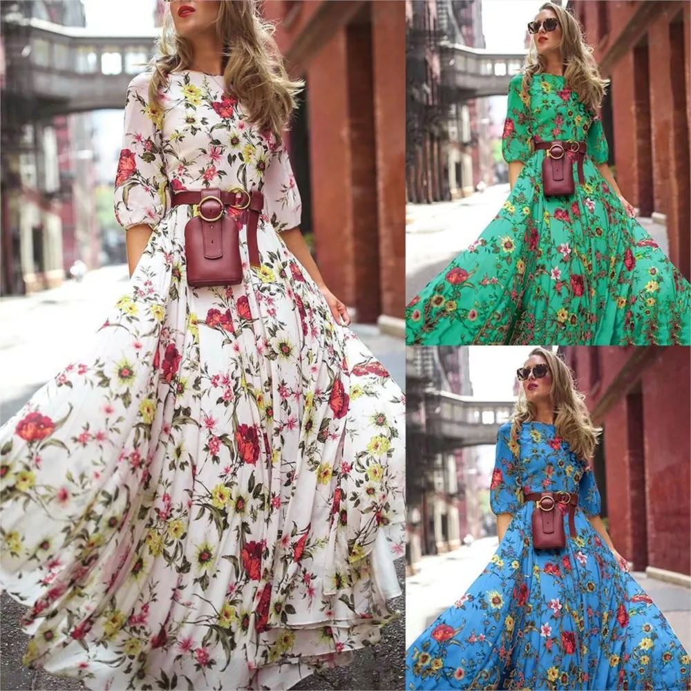 Frühling Herbst Vintage Blume Blumen druck Maxi kleid Büro Dame Mode elegante Langarm O-Ausschnitt Kleider für Frauen 2024