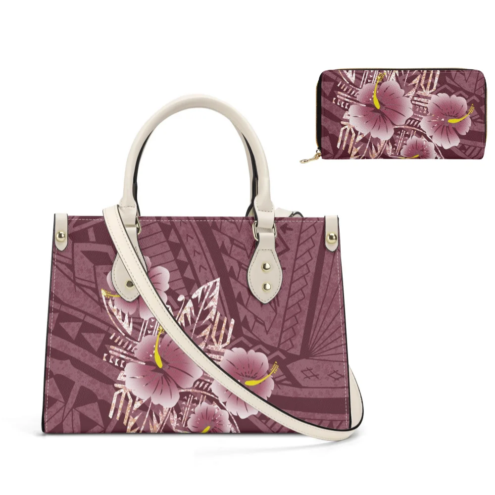 

Support Custom Casual Ladies Fashion Leather Tote Multi-Functional Crossbody Purse Two-Piece Polynesian Island Art Print Se