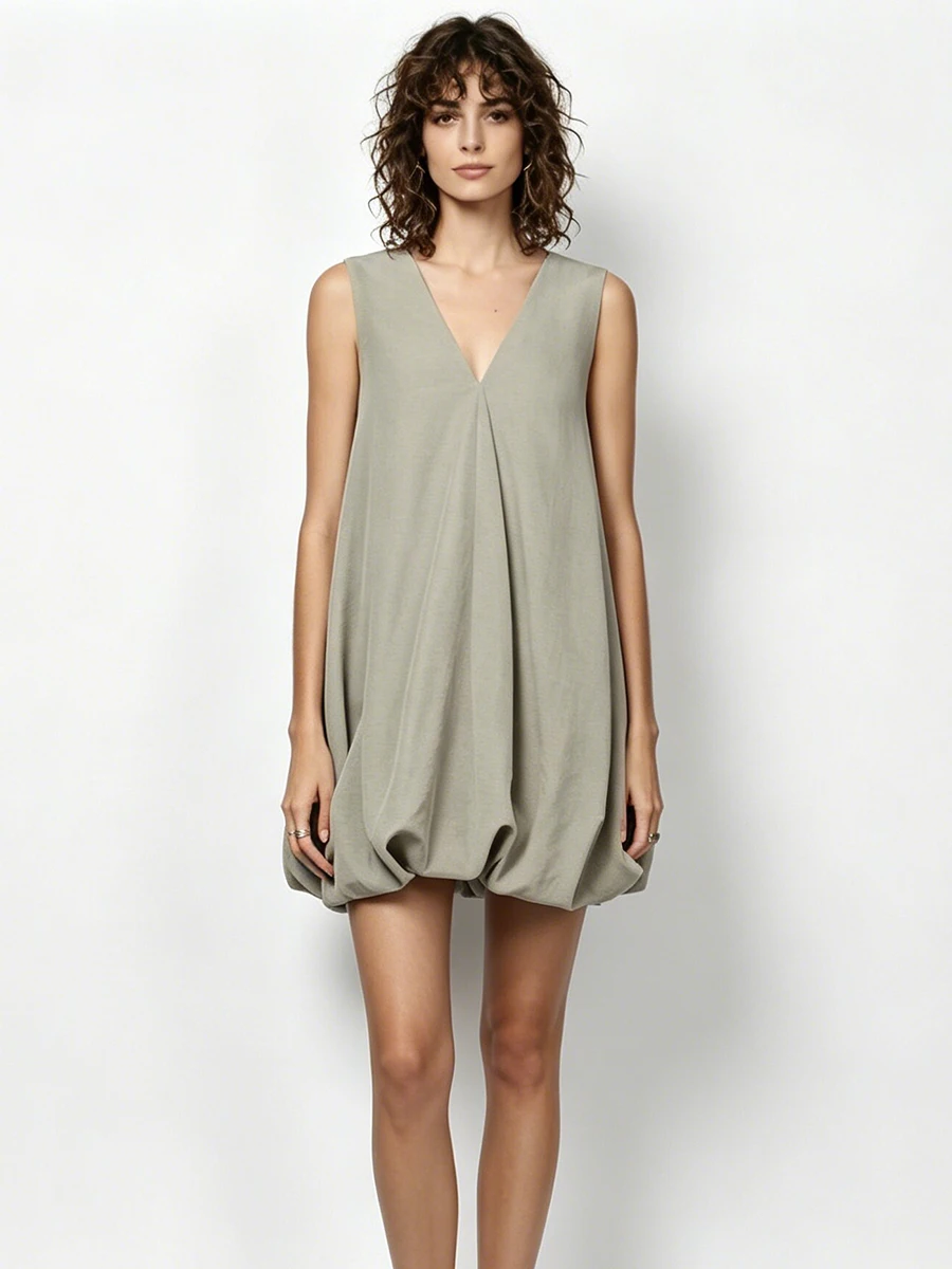 

LIMO Summer Linen V Neck Dress Women Sleeveless Bubble Hem Pleated Mini Dress Casual Loose Beach Wear