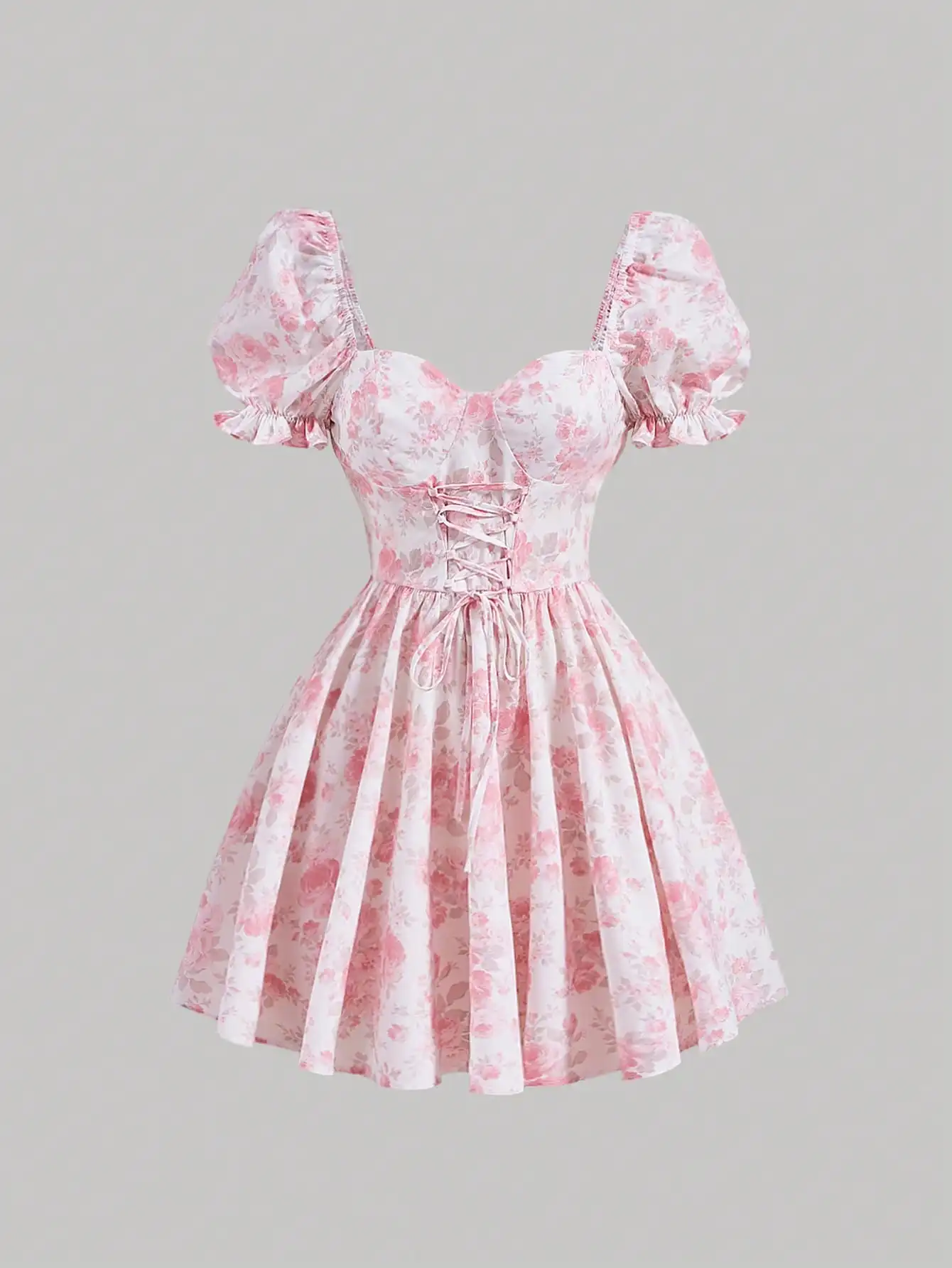

Pink Floral Print Lace-Up Front Puff Sleeve A-Line Dress