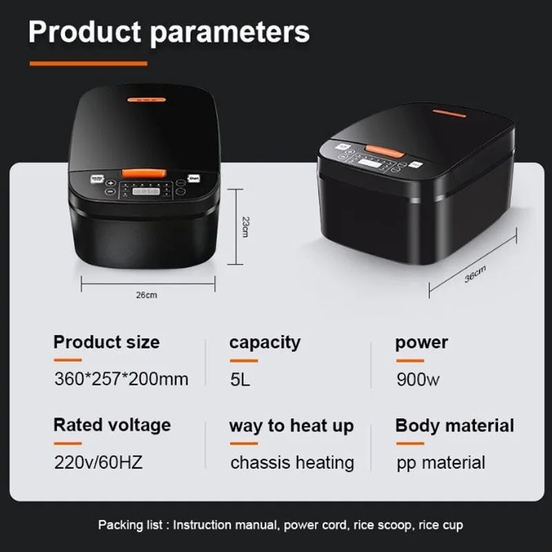 Panela de arroz multifuncional inteligente 5l, panela de arroz doméstica 220v pode ser reservada, fácil de operar e limpar