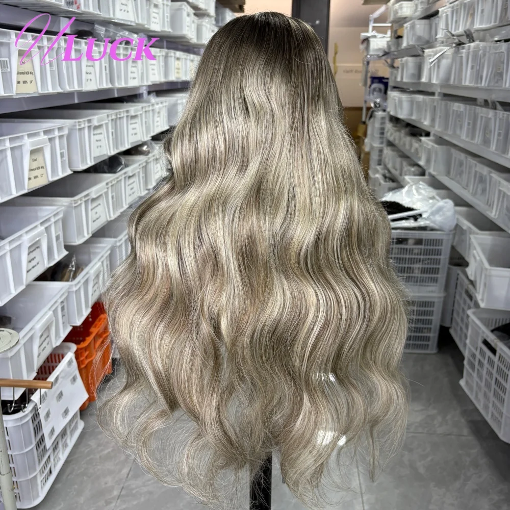 Uluck الجسم موجة الرماد شقراء اللون 13x6 الدانتيل الباروكة الأمامية Preplucked 100% البرازيلي ريمي خصلات الشعر المستعار الإنسان للنساء البيض ارتداء للذهاب