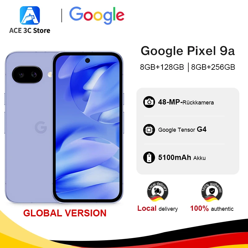 Globalna wersja smartfona Google Pixel 9a 5G z procesorem Google Tensor G4, ekranem 6,3 cala 120Hz Actua, baterią 5100mAh, tylną kamerą 48MP i NFC.