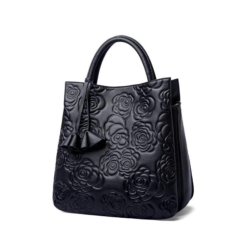 ZOOLER 2026 Hot 100% Real Leather Women Hand Bags Trendy Ladies Cow Skin Handbag Embossed Flower Bags Totes Formal Black#YC225