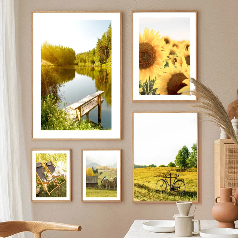 Spring Sunflower Idyllic Lake Landscape Wall Art Aesthetics Print Canvas Painting Posters for Living Room Modern Home Decor