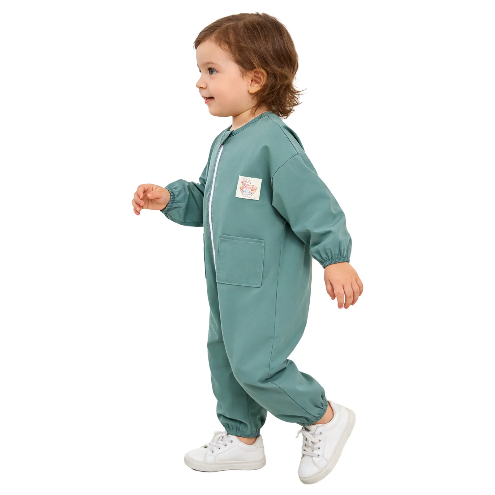Baby Boys Girls Zipper Rompers Long Sleeve Full-body Coverall Painting Drawing Jumpsuit with Pockets Infant Park Picnic Playsuit