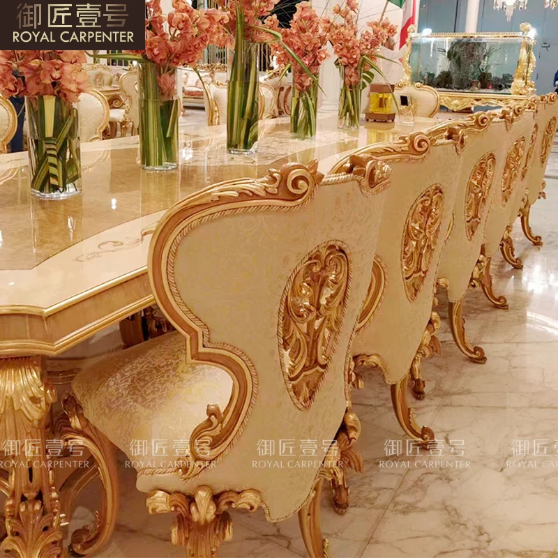 European solid wood dining table and chair combination French high-end court luxury carved long table dining room furniture