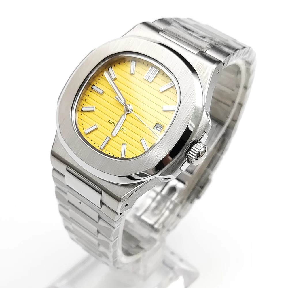 40mm Yellow Square Mechanical Automatic Men\'s Watch Japan Movement NH35/8215 Date Sapphire Glass Stainless Steel Strap