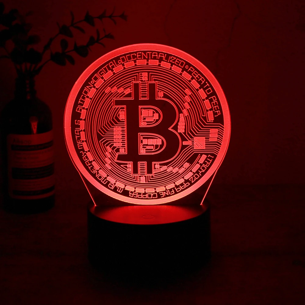 Acrylic Led Night Light Bitcoin for Room Decorative Nightlight Touch Sensor 7 Color Changing Battery Powered Table Night Lamp 3D