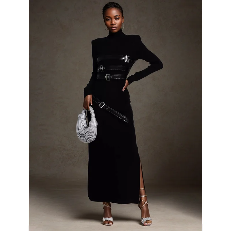 

Stand Collar Long Sleeves Dress 2025 Autum Leather Patchwork Tie Back Belted Design Skinny Silm Long Knitted Sweater Dress Black