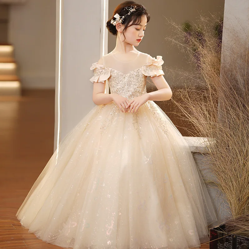 New Youth Girl Princess Mesh Dress Wedding Flower Girl Dress School Competition Piano Long Performance Dress for 3-12 Years