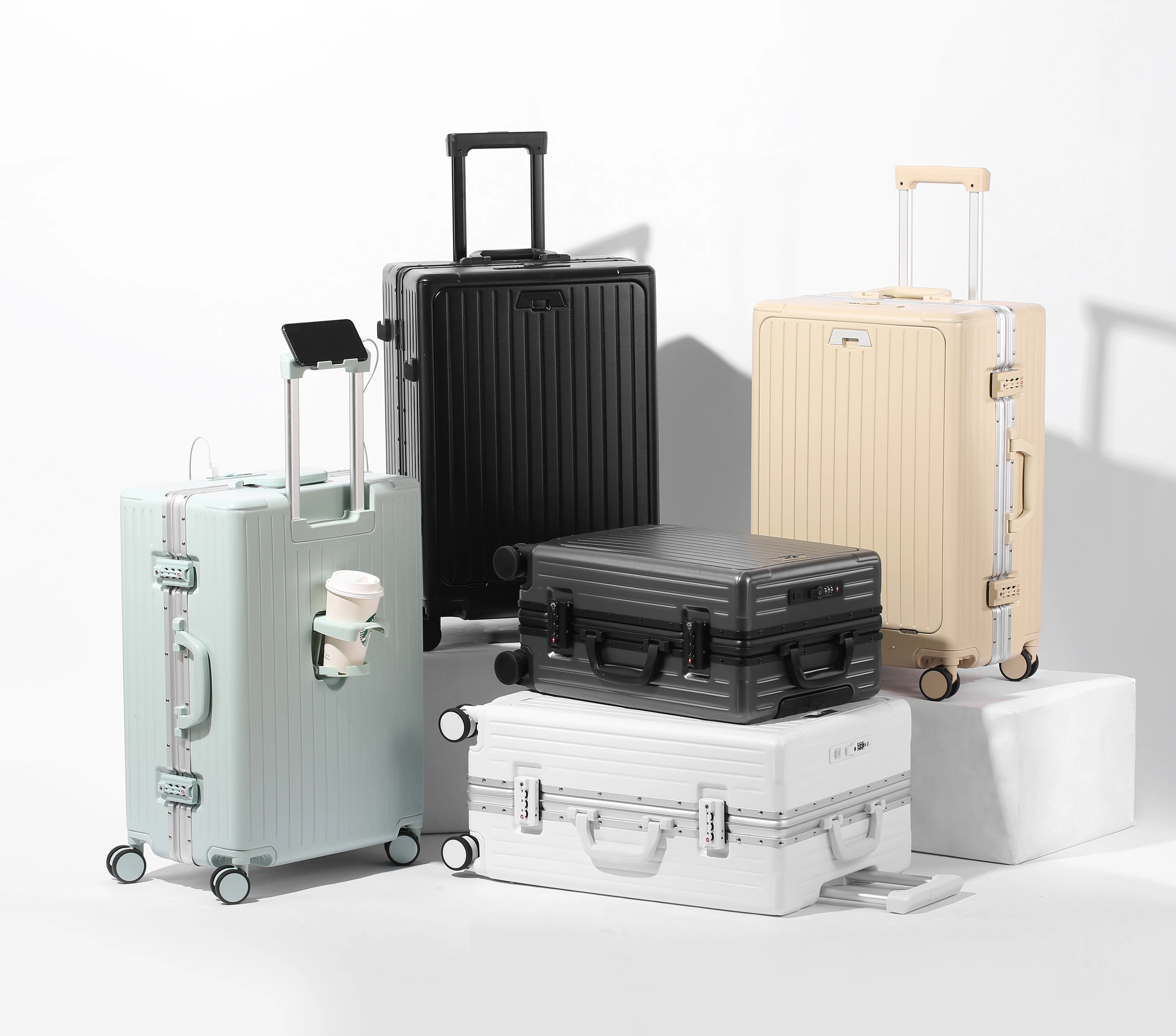 Aluminum Alloy Frame Suitcase Spinner Luggage 20 24 inch  Carry-Ons Independent Front Compartment Multi-Functional Suitcase