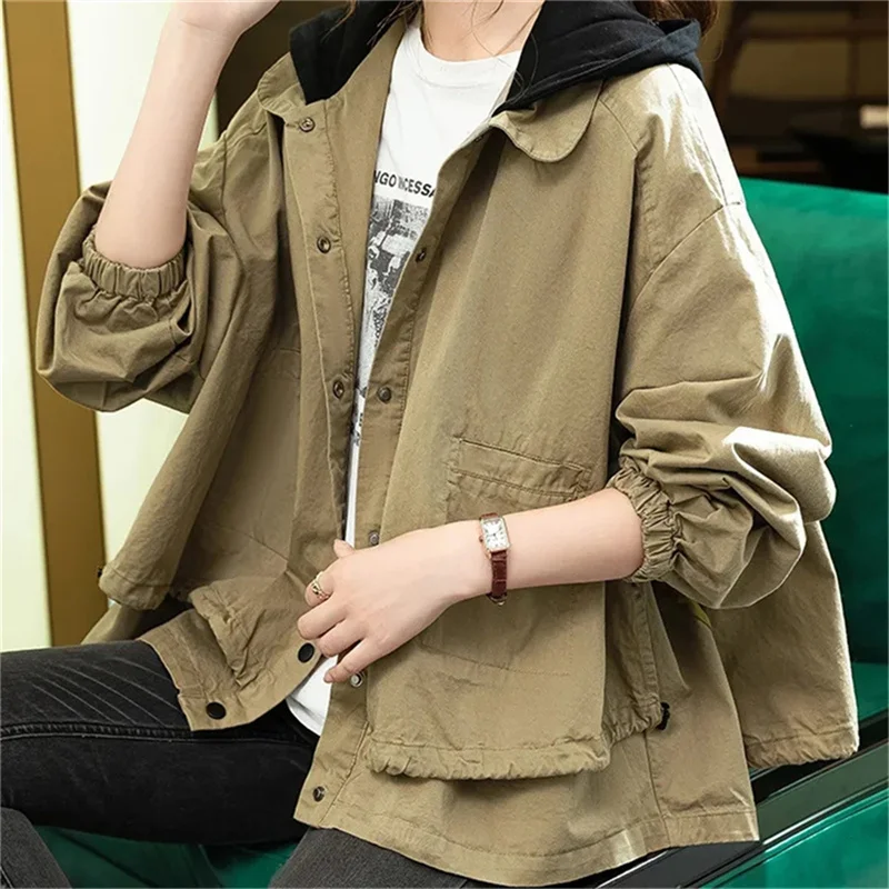 High-End Hooded Jacket Versatile Loose Jacket Women\'s Solid Button Pocket Casual Patchwork Contrasting SweaterShirt  Brown Coats