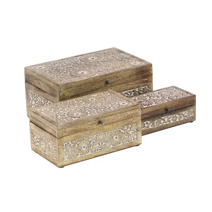 Set of 3 Mango Wood Carved Floral Boxes Coastal Style with Lids Indoor Use Non-Slip Base makeup organizer box perfume organizer