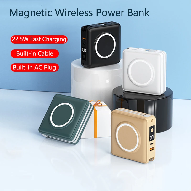 Magnetic Wireless Charger Power Bank 15000mAh PD22.5W Powerbank Built AC Plug for iPhone 16 Samsung Xiaomi External Battery Pack