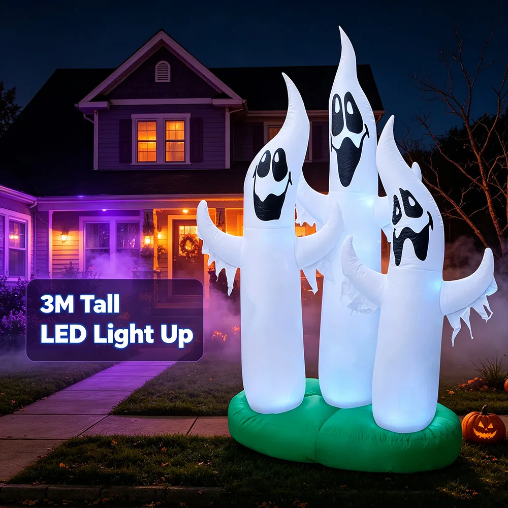 3M Inflatable Halloween Three White Ghosts with Blue LED Lights, Blow Up Yard Decor for Party Garden Lawn