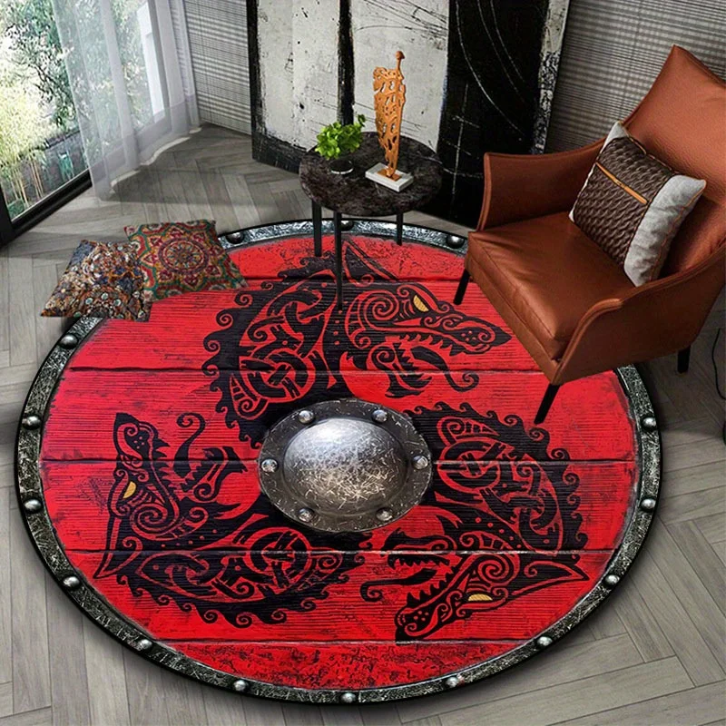 Viking Dragon Pattern Round Area Rug, Non Slip Decorative Floor Mat for Living Room Bedroom Yoga Balcony and Travel Home Decor