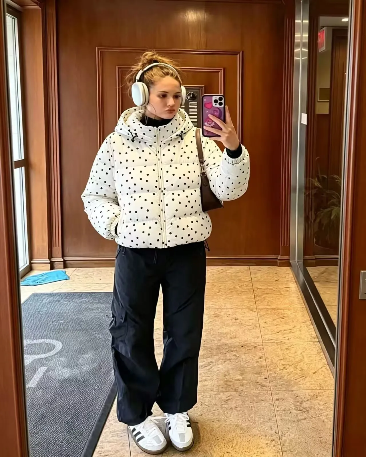 Women White Polka Dots Jackets Autumn Winter Female Hooded Zipper Short Coats Lady Loose Casual Cropped Warm Streetwear Jackets