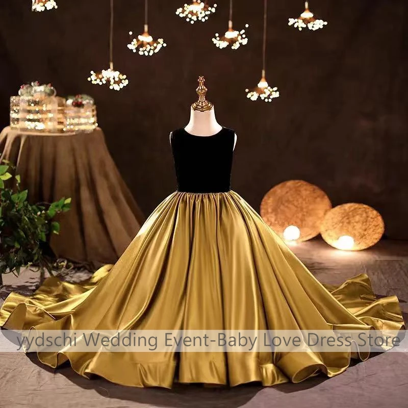 

Gold 2023 Pretty Dress Flower Girl Dresses For Wedding Pageant Big Bow Ball Gowns Applique Tulle Elegant Beach Party Dress