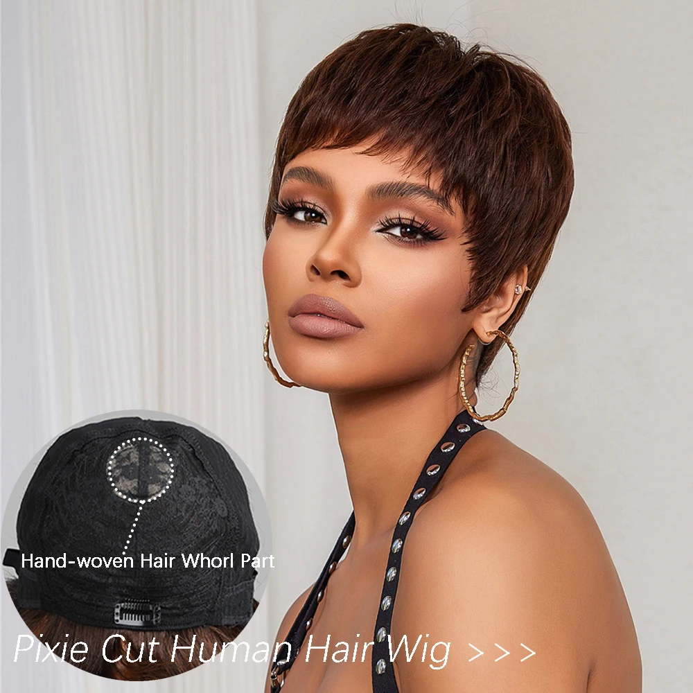 Short Pixie Cut Human Hair Wigs Dark Brown Natural Remy Human Hair Wig for Black Women Straight Layered Cheap Wig