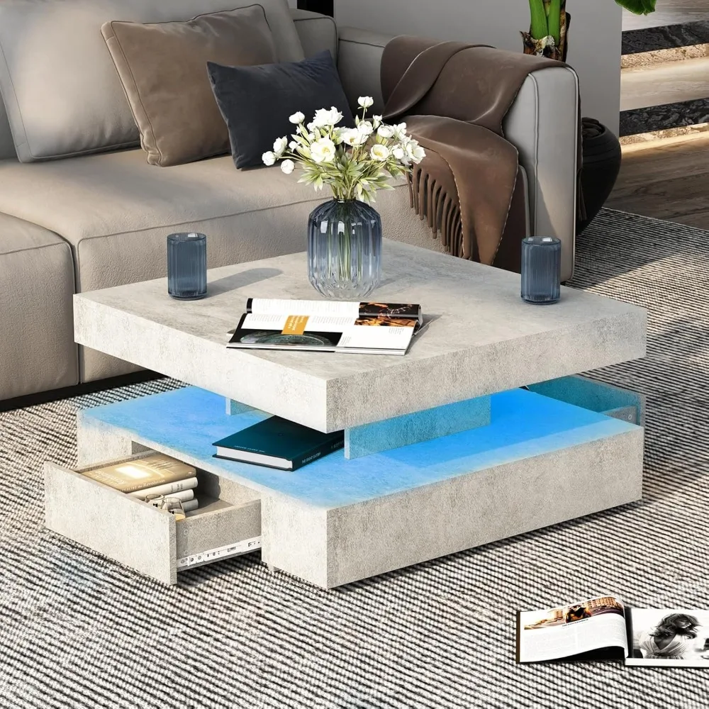 

LED Coffee Table, 30.7 “W with 2 Storage Drawers for Living Room, Square Center Table, 2 Tier Design, Wine Table