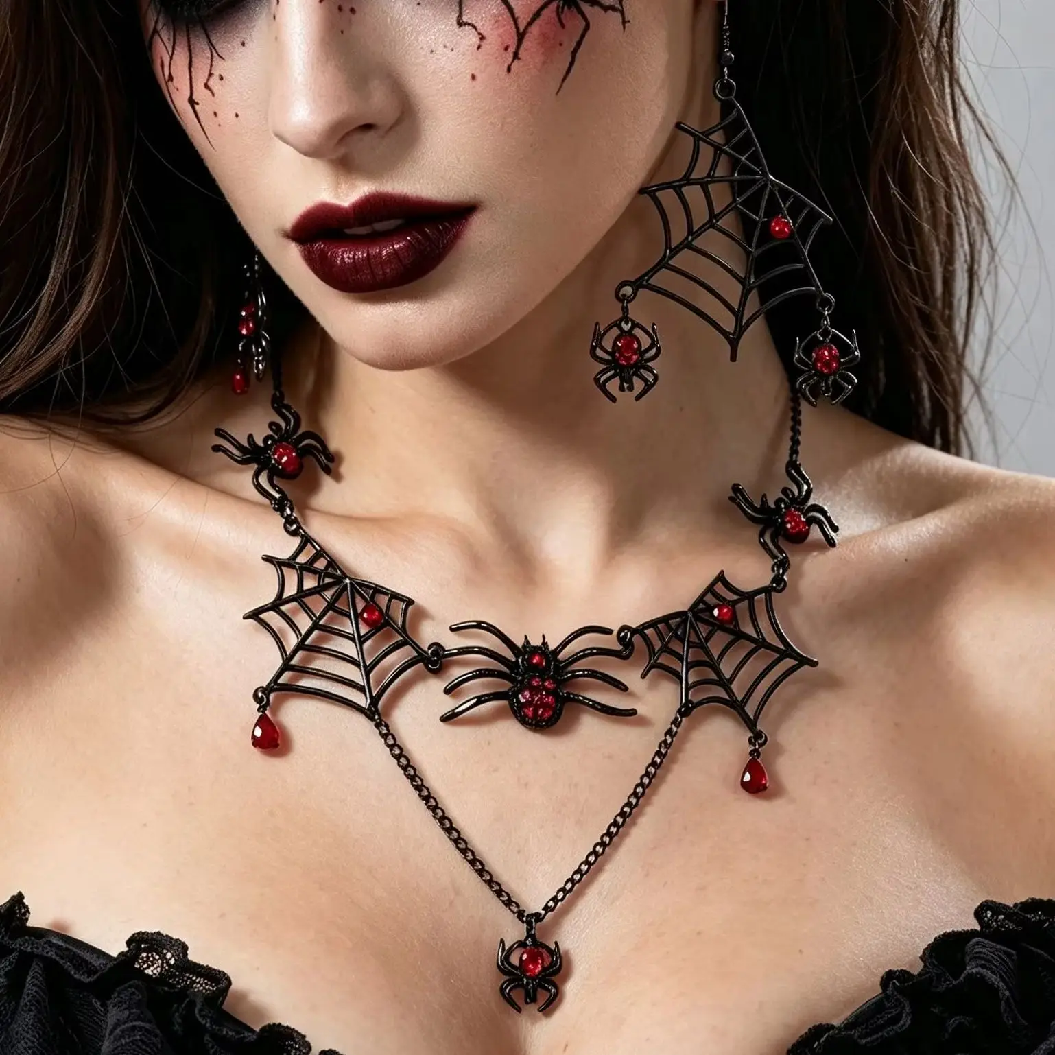 Gotisches Übertriebenes Schwarzes Spinnen-Quasten-Halsband und Ohrringe Set für Damen Vintage Spinnennetz-Halskette Halloween-Schmuck Geschenk