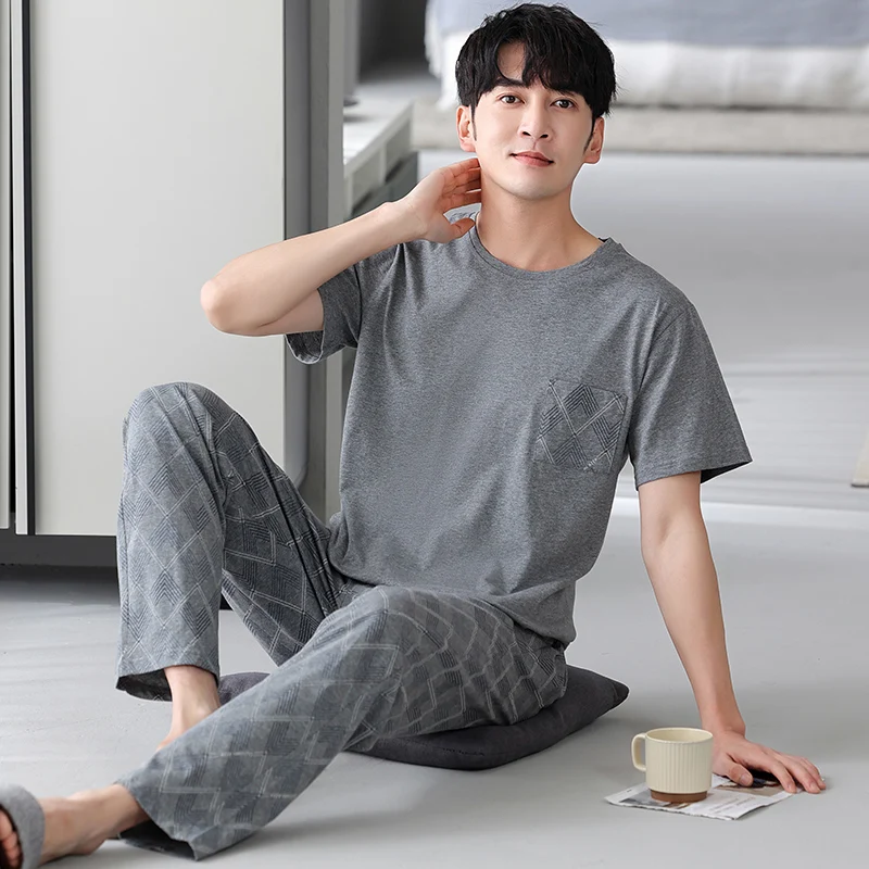 Big Size M-4XL Men Pajamas Set Summer 100% Cotton Short-sleeve Pijama Male Casual 3 Pieces Sleepwear