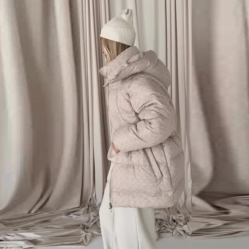 Women's Hooded Geometric Print Puffer Jacket Belted Zip Up Loose Fit Warm Winter Coat Streetwear Outerwear