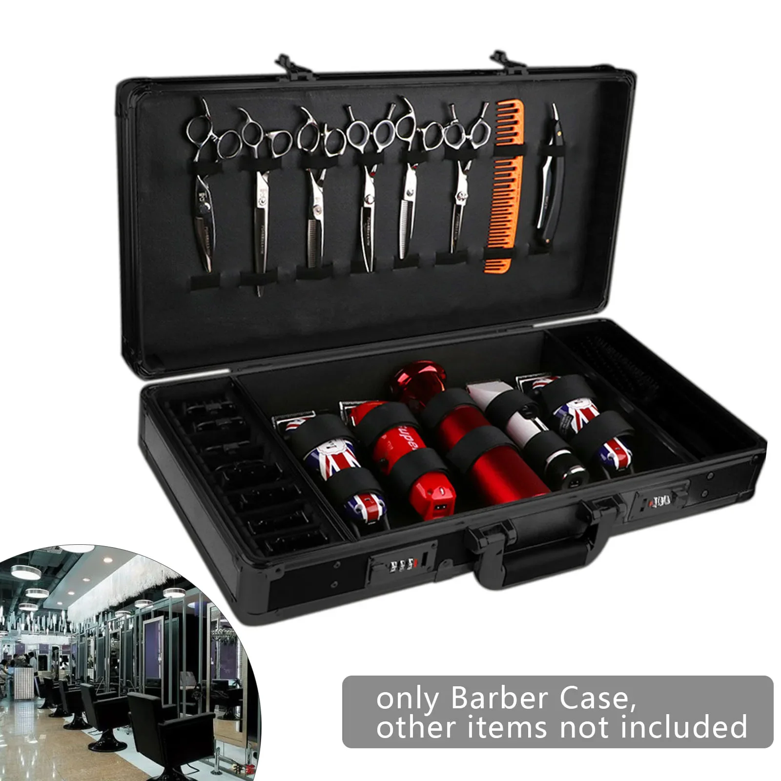 Reise-Stylist, Friseur-Werkzeugkasten, Organizer-Box, Clipper, Trimmer, Scherklinge, kompakter Friseurkoffer mit Aluminiumrahmen – Detail 6