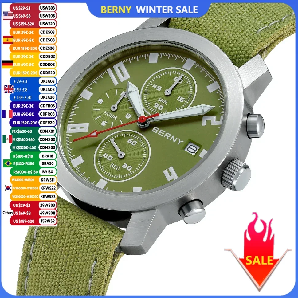 BERNY Watches for Men Multifunction Chronograph Wristwatch Calendar Green Luminous Casual Sport Men\'s Watch Sapphire 5ATM