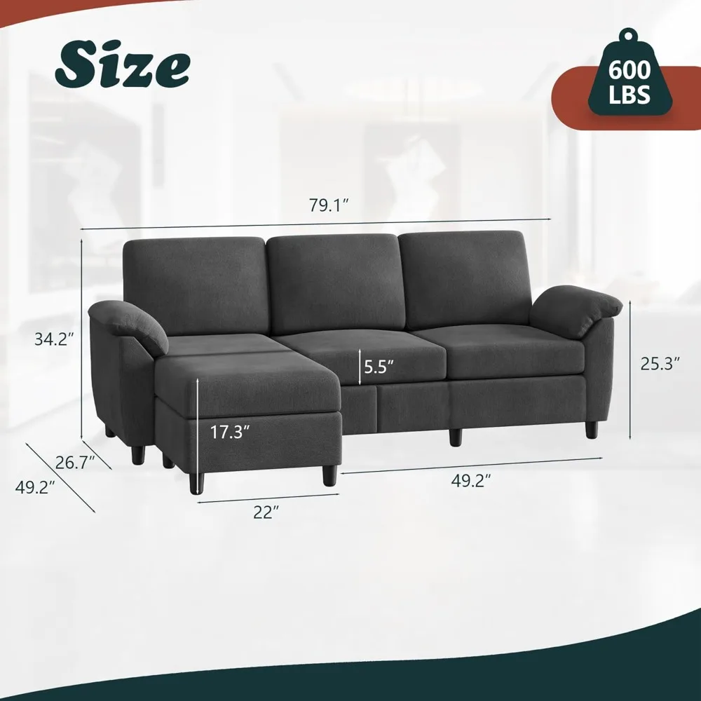 79-inch convertible combination sofa, 3-seat L-shaped removable pillow linen fabric small sofa, suitable for living room (black)